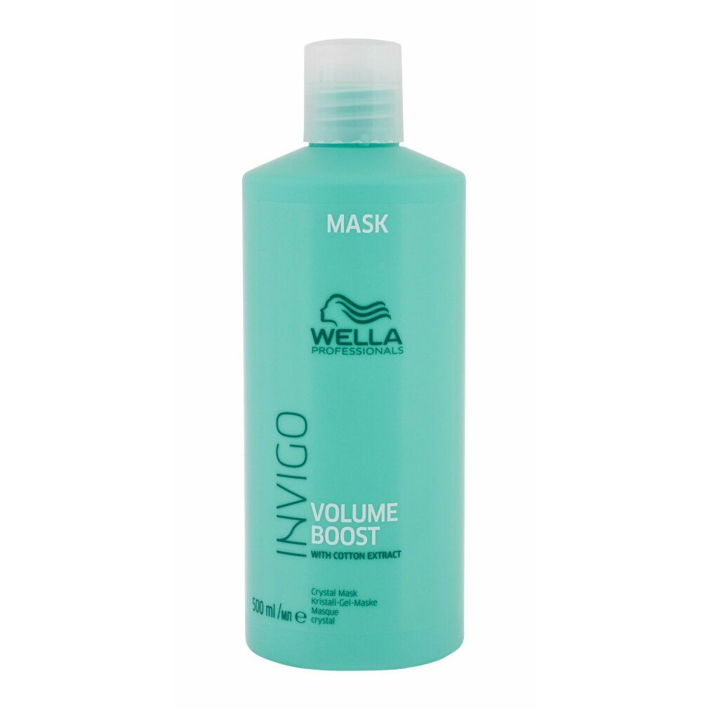 Türkisgrüne Flasche mit weißem Deckel. Aufschrift: Wella Invigo Volume Boost. Mit Baumwollextrakt. 500 ml. Produktname: Maske.