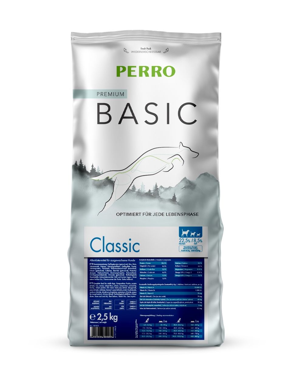 Hundefutter-Beutel mit PERRO-Logo. Aufschrift: BASIC Classic. Enthält 2,5 kg. Abbildung eines springenden Hundes.
