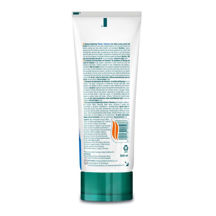 Rückseite einer Tube Himalaya Aufhellendes Vitamin C Heidelbeere Gesichtswasser. Enthält 100 ml.