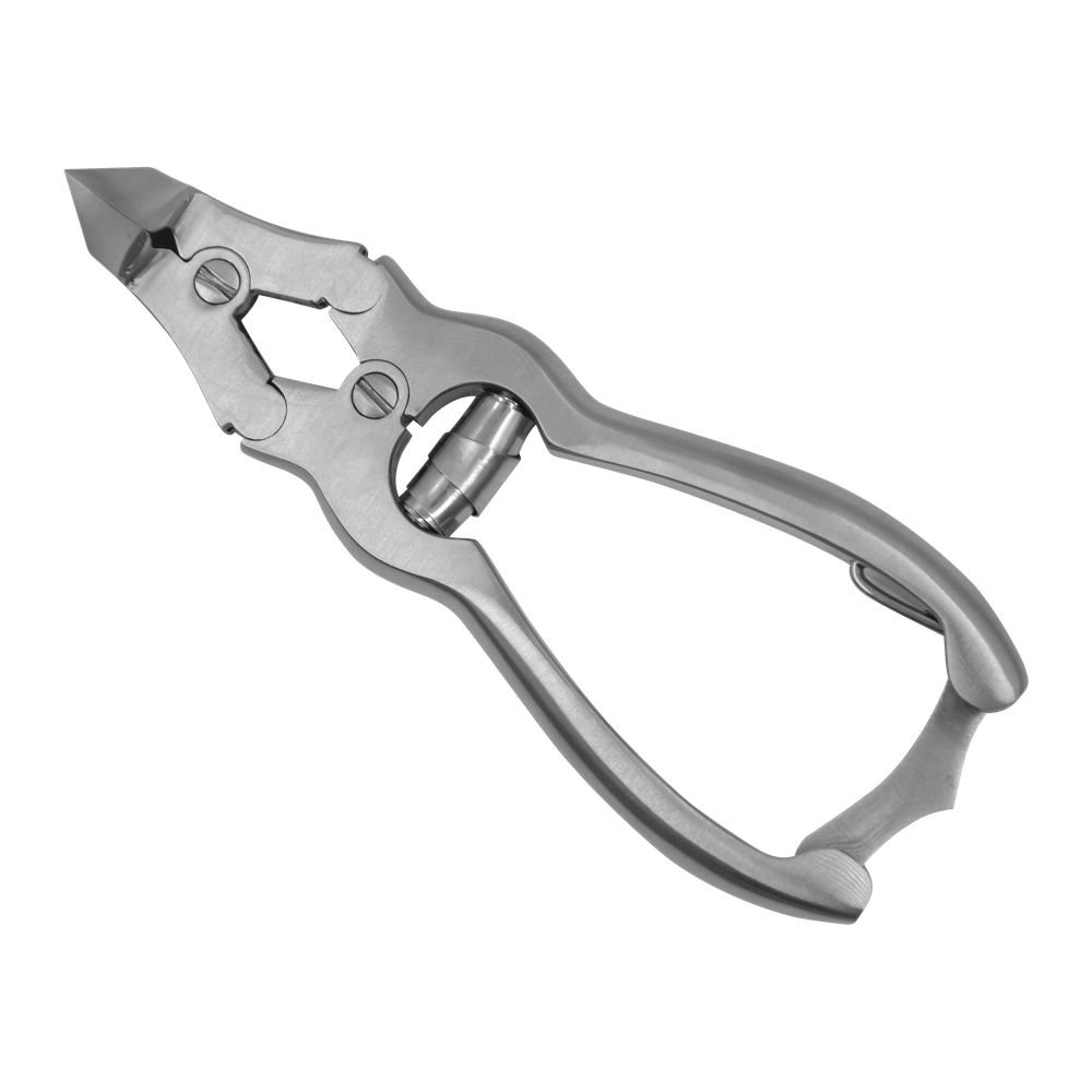 Nagelzange aus Edelstahl. Ergonomische Griffe, gebogene Schneide. Gelenk mit Schrauben befestigt.