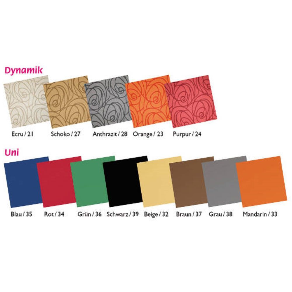 Farb- und Musterübersicht für Sitzwürfel: Dynamik-Muster in Ecru, Schoko, Anthrazit, Orange, Purpur. Uni-Farben: Blau, Rot, Grün, Schwarz, Beige, Braun, Grau, Orange.
