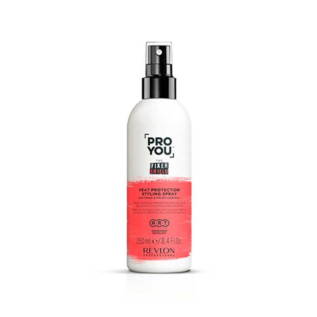 Weiß-rote Sprühflasche. Text: PRO YOU, THE FIXER SHIELD, HEAT PROTECTION STYLING SPRAY, REVLON PROFESSIONAL. Schwarzer Sprühkopf.