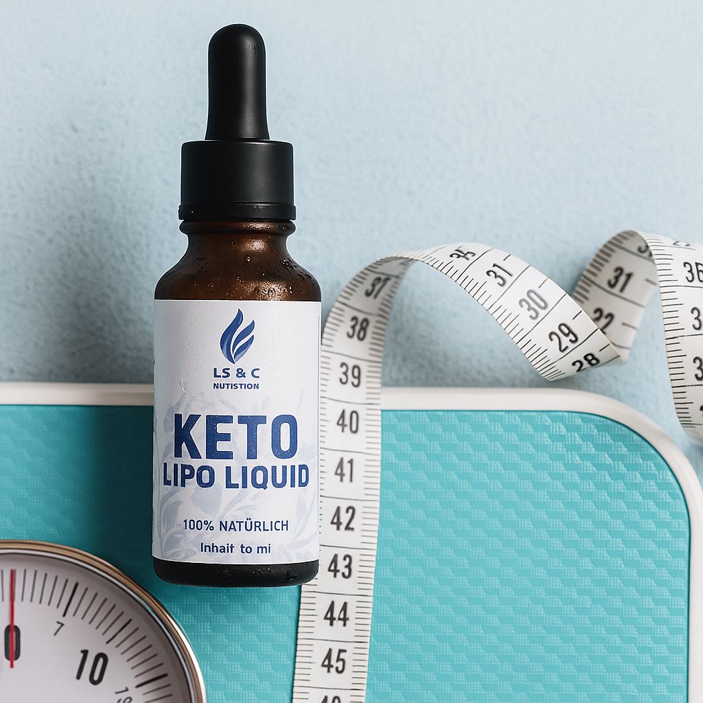 Braune Flasche mit schwarzem Tropfer, neben Maßband und Waage. Aufschrift KETO LIPO LIQUID. 100% natürlich.