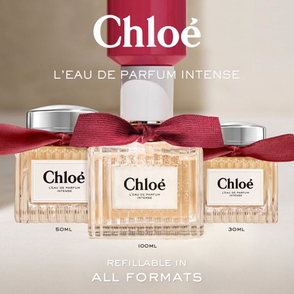 Chloé L'Eau de Parfum Intense Flakons. 3 Größen: 30ml, 50ml, 100ml. Mit Schleife. Nachfüllbar.
