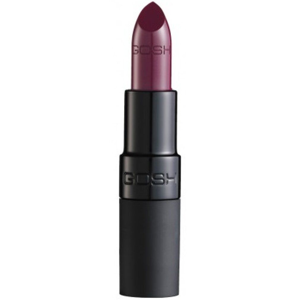 Dunkelroter Lippenstift in schwarzer Hülse. Der Schriftzug "GOSH" ist auf dem Gehäuse zu sehen.