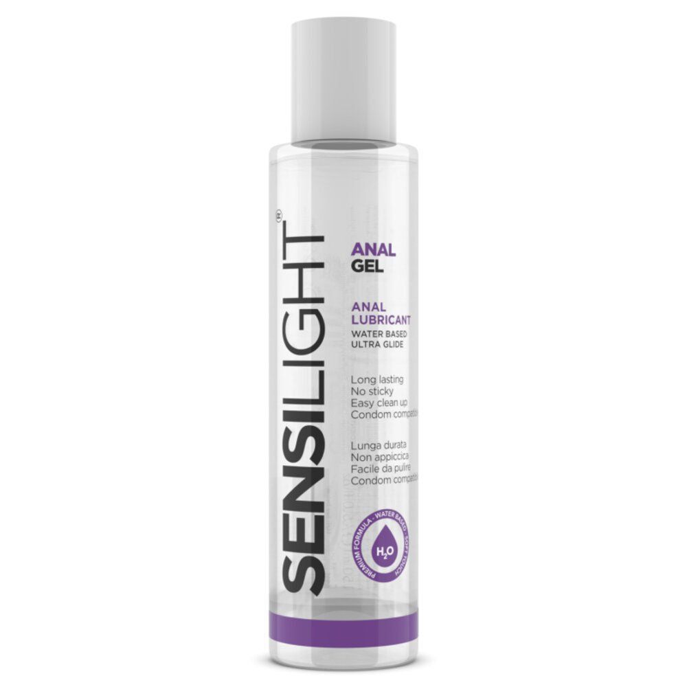 Zylindrische Flasche mit weißem Deckel. Aufschrift: SENSILIGHT, ANAL GEL, ANAL LUBRICANT. Lila Band am Boden.