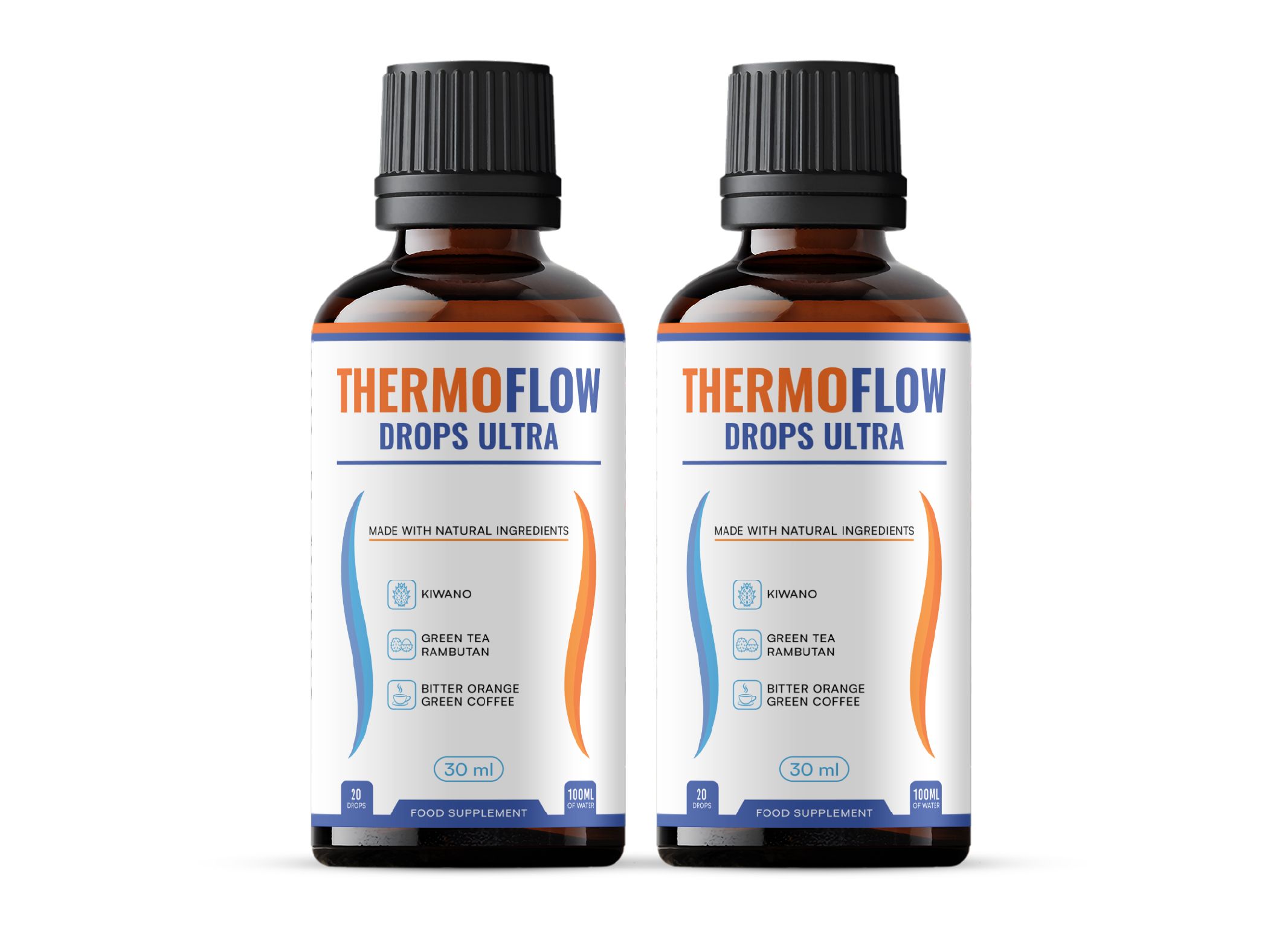 Zwei Flaschen Thermoflow Drops Ultra, 30 ml pro Flasche, mit Grüntee, Bitterorange und grünem Kaffee.