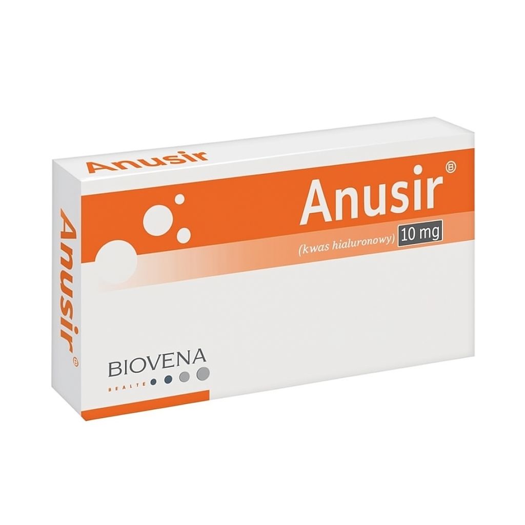 Verpackung von Anusir. Weißer Karton mit orangefarbenem Streifen. Aufschrift "Anusir" und "10 mg". Marke Biovena Health.