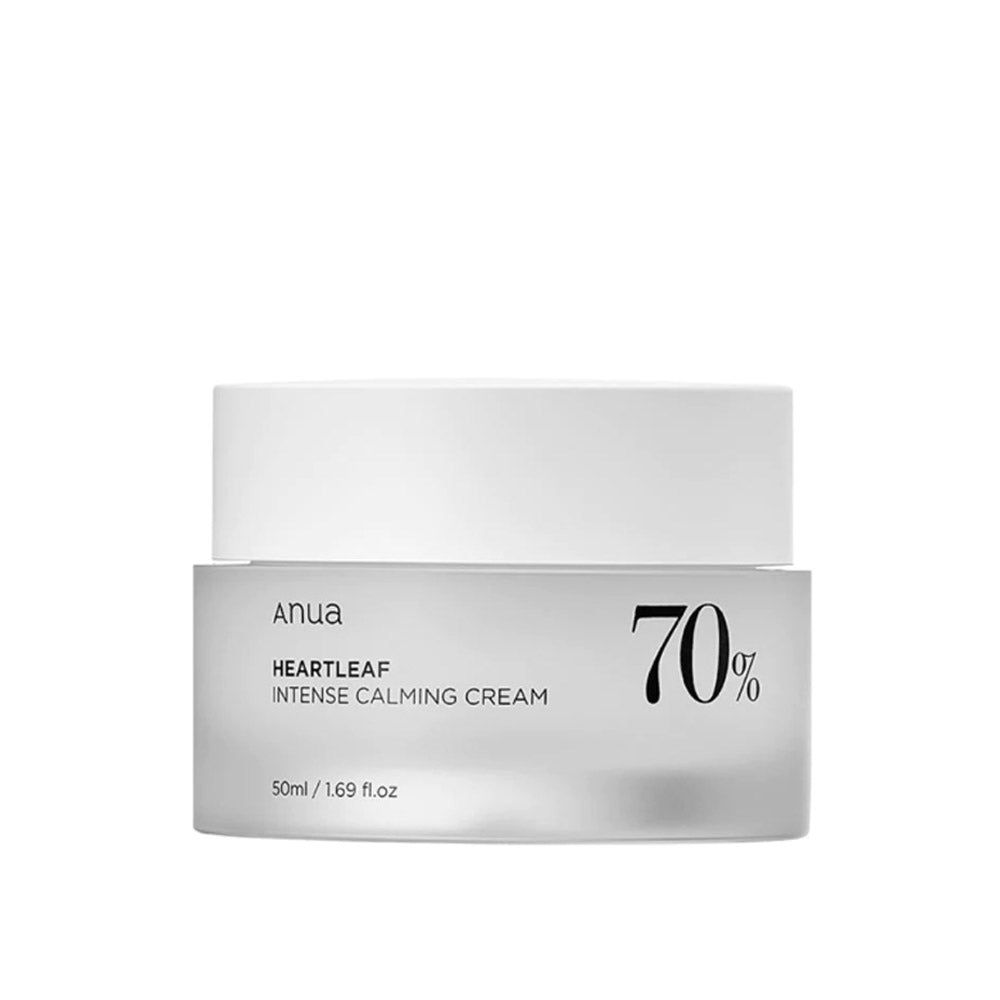 Creme-Tiegel mit weißem Deckel. Aufschrift: Anua, Heartleaf Intense Calming Cream, 70%.