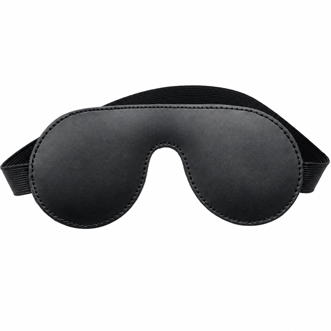 Schwarze Leder-Augenmaske mit elastischem Band, von vorne gezeigt.