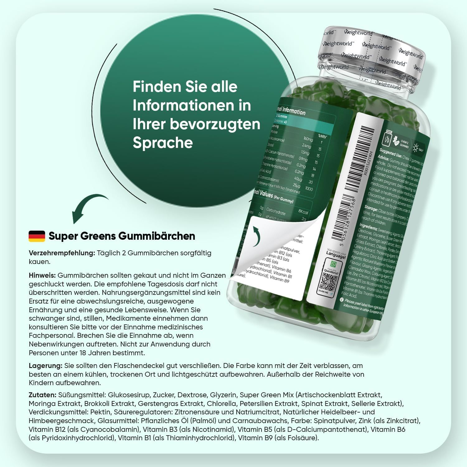 Produktflasche mit Etikett, das Informationen in verschiedenen Sprachen enthält. Text: Super Greens Gummibärchen.