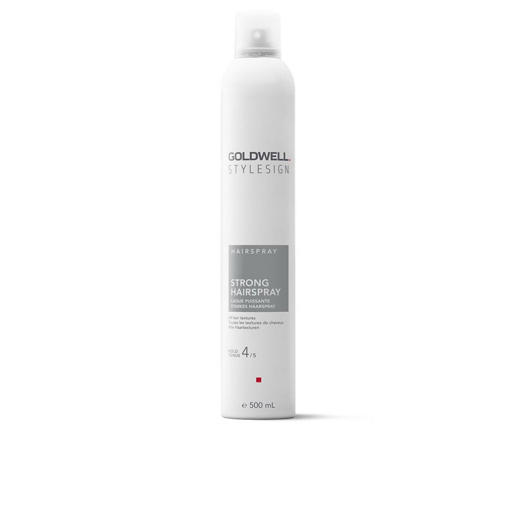 Weißes Haarspray mit Sprühkopf. Aufschrift: Goldwell Stylesign, Strong Hairspray. Stärke 4/5. Volumen: 500 ml.