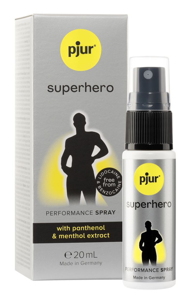 pjur superhero Performance Spray und Schachtel. Sprayflasche und Schachtel mit Text und Silhouette. Mit Panthenol & Mentholextrakt. 20 ml.
