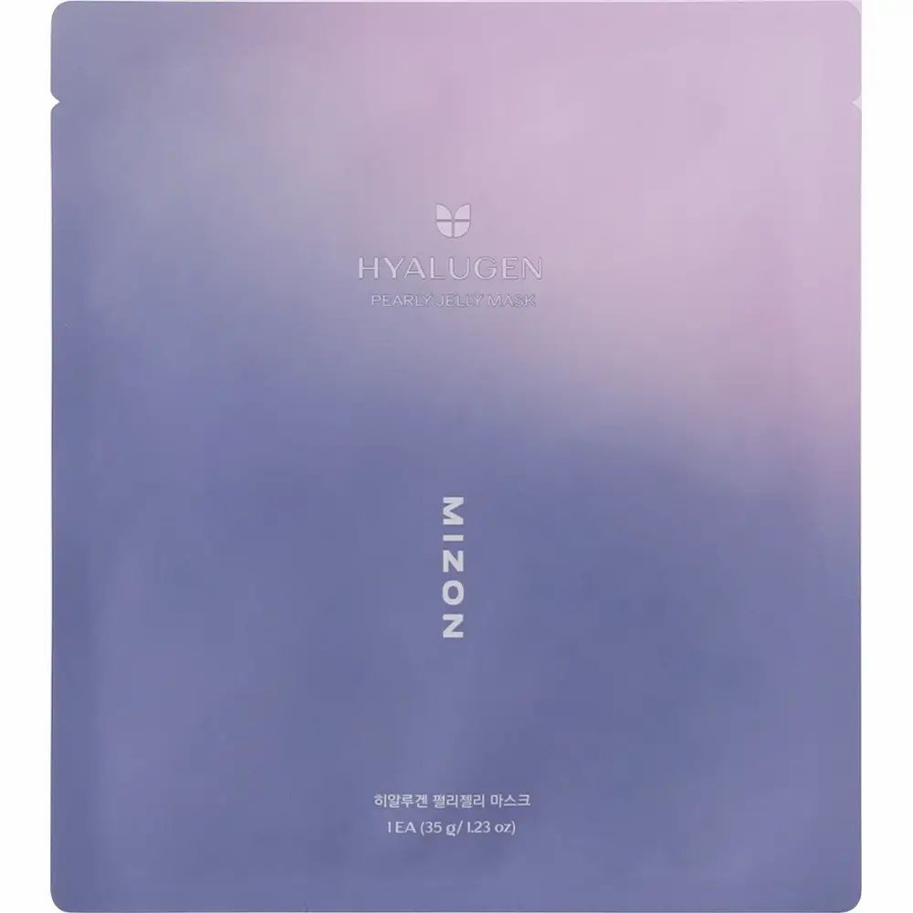 Verpackung der MIZON Hyalugen Pearly Jelly Mask. Farbverlauf von Lila nach Rosa. Logo und Produktname sind aufgedruckt.