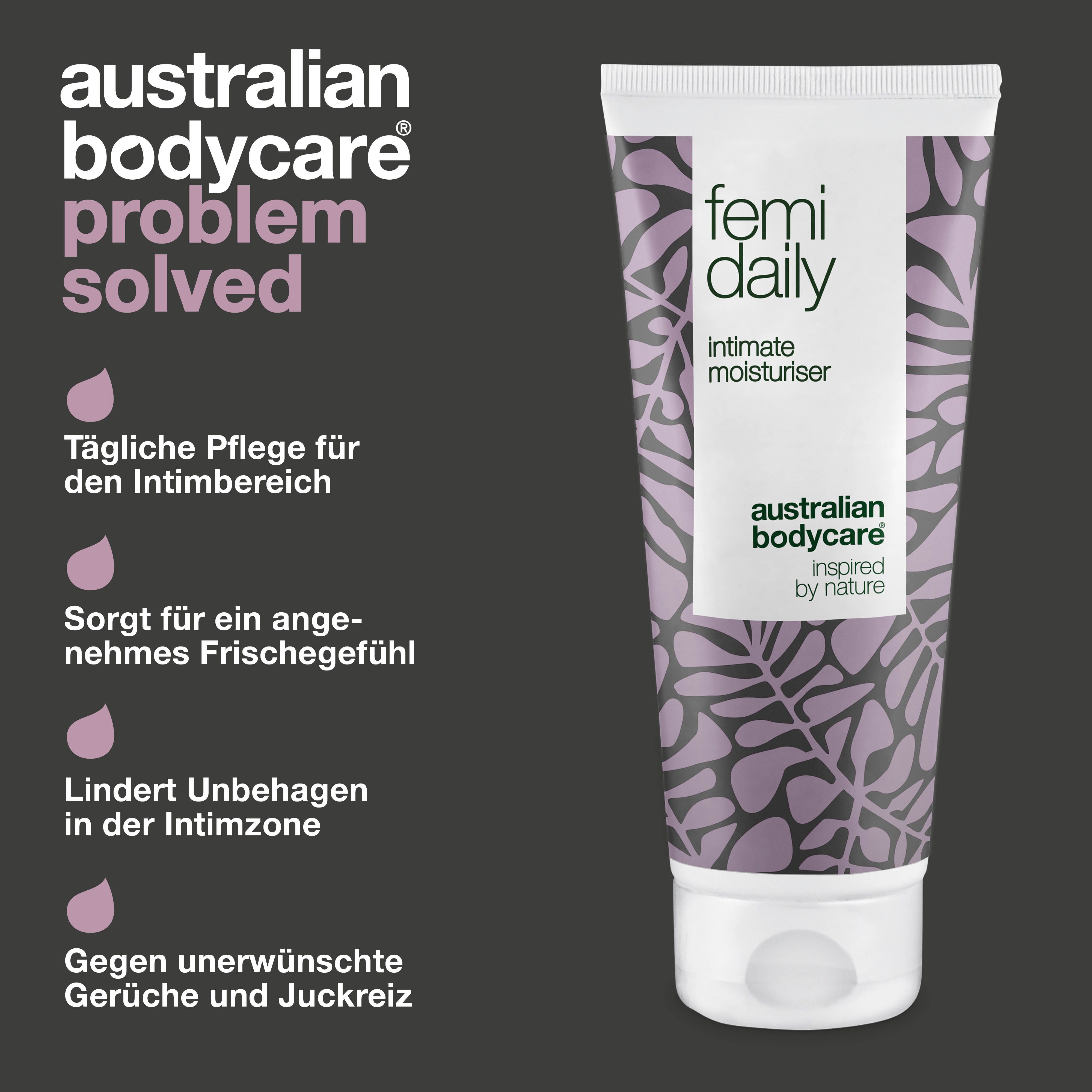 Femi Daily Intim-Feuchtigkeitspflege. Problem gelöst. Text: Tägliche Pflege, Frischegefühl.