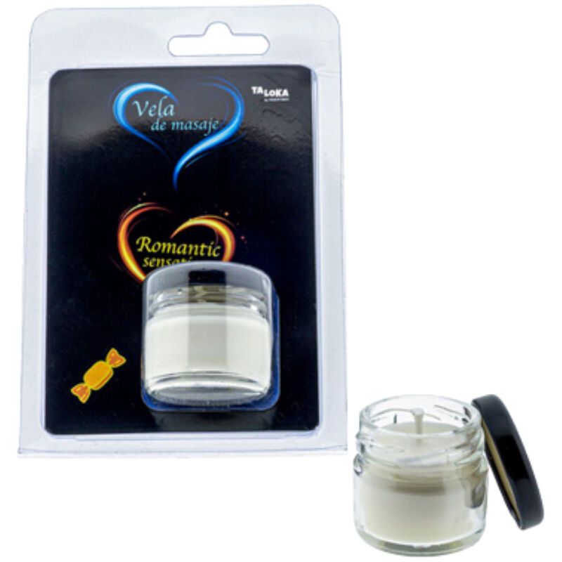 Massagekerze in Glasbehälter mit schwarzem Deckel. Verpackt in Blisterverpackung. Aufschrift: Vela de masaje, Romantic sensory.