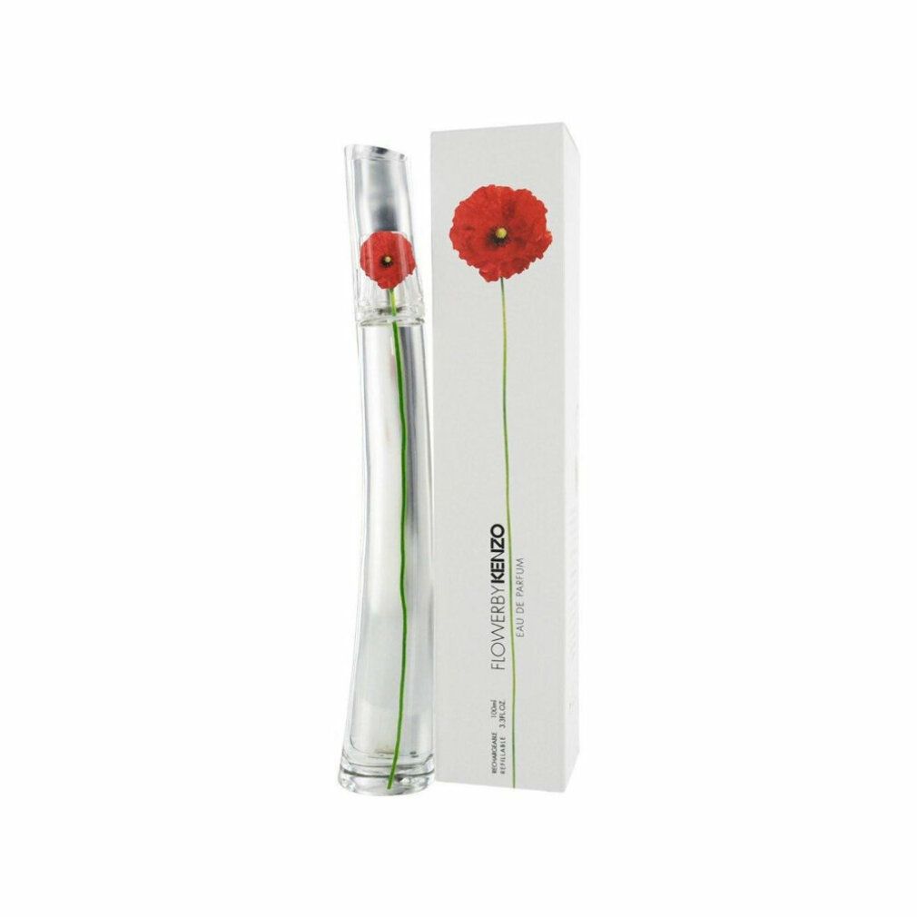 Parfümflakon und Verpackung. Flakon mit roter Blume. Weiße Verpackung mit roter Blume und Text.