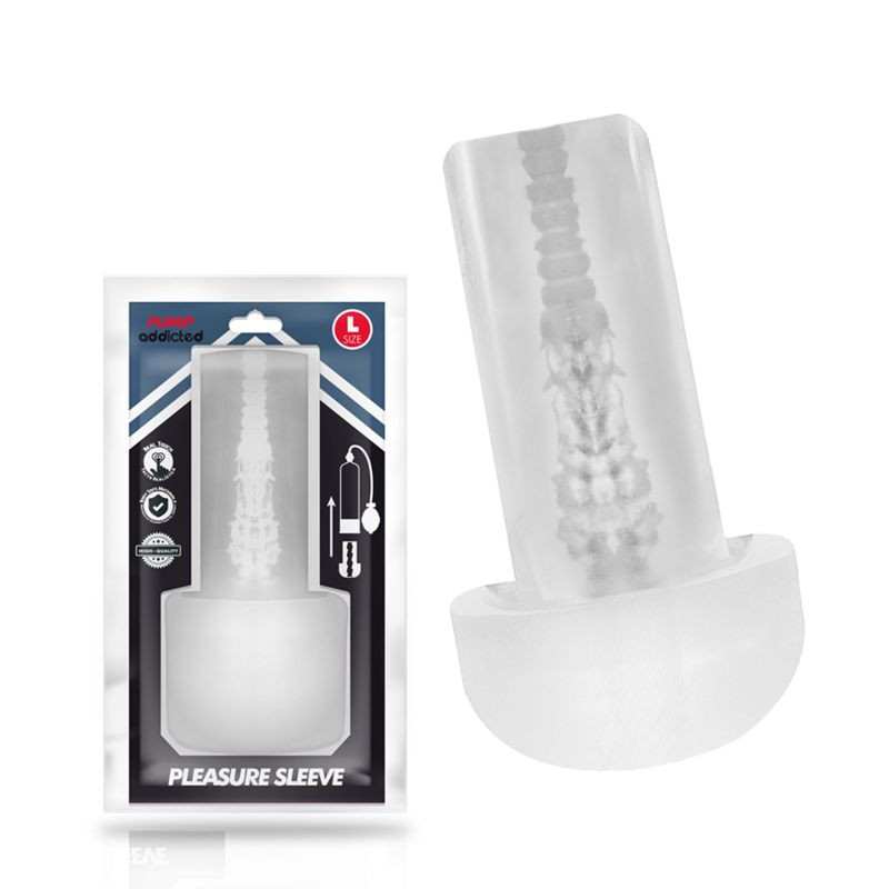 Transparente Pleasure Sleeve mit innerer Struktur, neben Verpackung. Verpackung mit Produktabbildung, Markenlogo, Größe L und Zubehör-Symbolen.