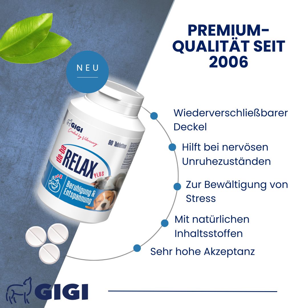 Produktflasche mit Text: da-ba RELAX Plus. Logo: GIGI. Text: Premium-Qualität seit 2006. Wiederverschließbarer Deckel. Hilft bei nervösen Unruhezuständen.
