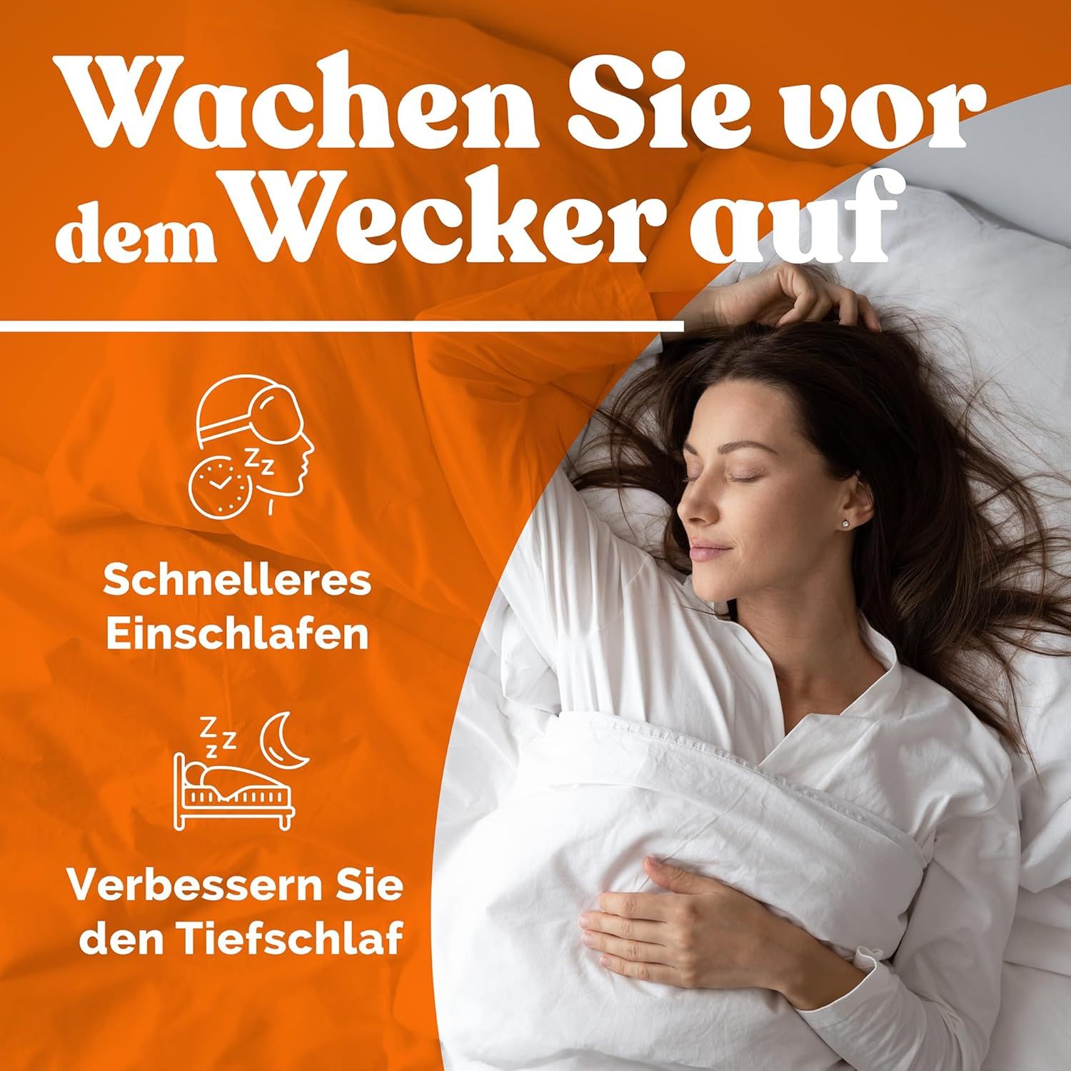 Frau schläft im Bett. Text: "Wachen Sie vor dem Wecker auf". Symbole für Schlaf und Erholung.