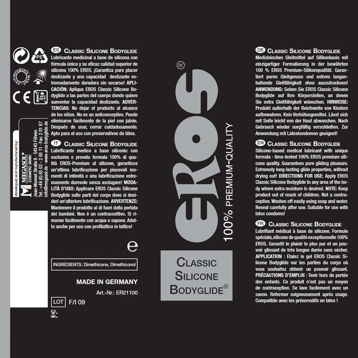 Rückseite einer EROS Classic Silicone Bodyglide Flasche mit Inhaltsstoffen und Anwendungshinweisen.