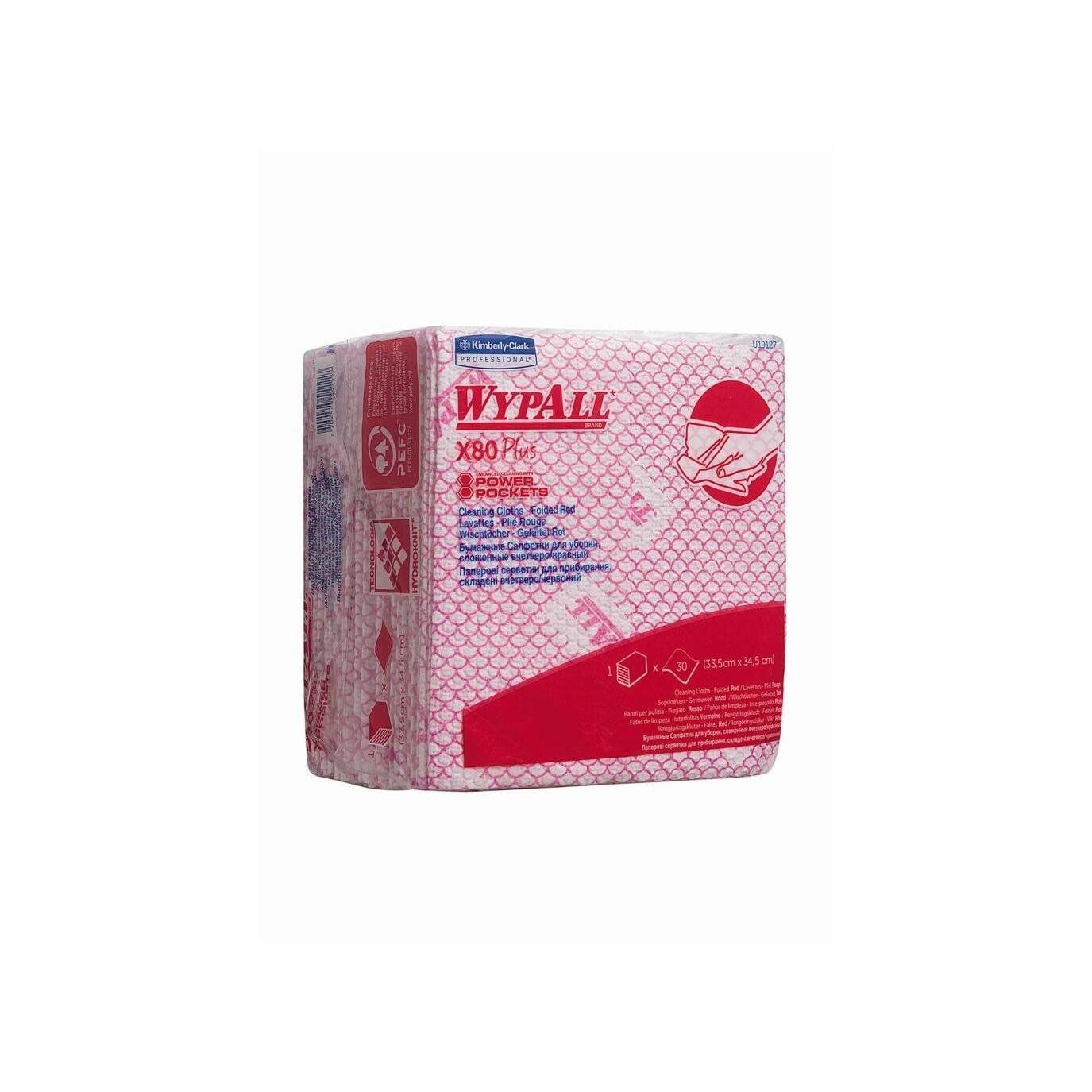 Quadratische Packung WypAll® X80 Plus Reinigungstücher. Rotes Gittermuster, roter Schriftzug. Logo und Produktbezeichnung.