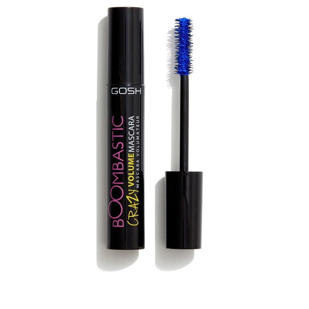 Gosh Boombastic Crazy Volume Mascara in Blau. Schwarzer Behälter mit blauem Applikator.