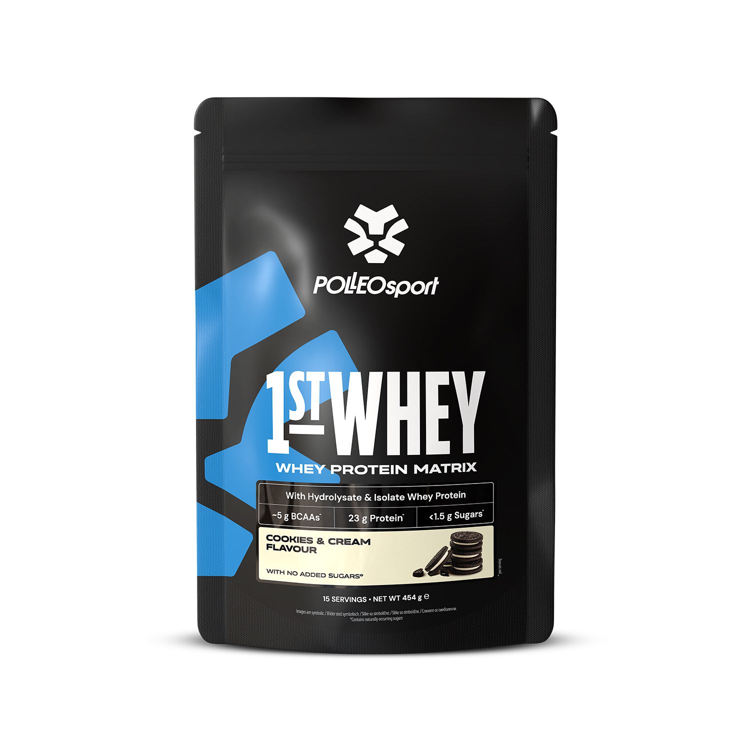 Schwarzer Beutel PolleoSport 1st Whey, Geschmack Cookies & Cream. Enthält 23g Protein. Mit Oreo-Keks-Illustration.