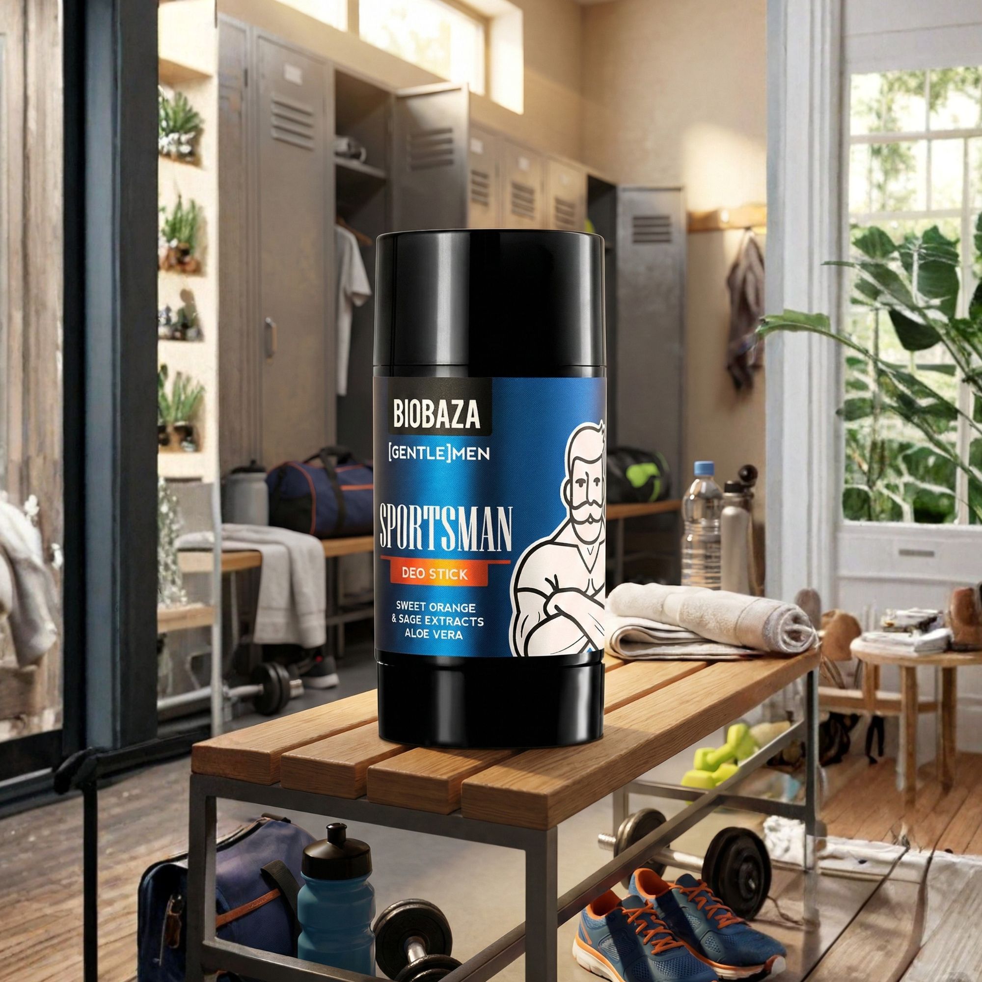 Deo-Stick Sportsmen auf einer Bank in einer Umkleidekabine. Schwarze Verpackung mit blauer Beschriftung. Sportausrüstung im Hintergrund.