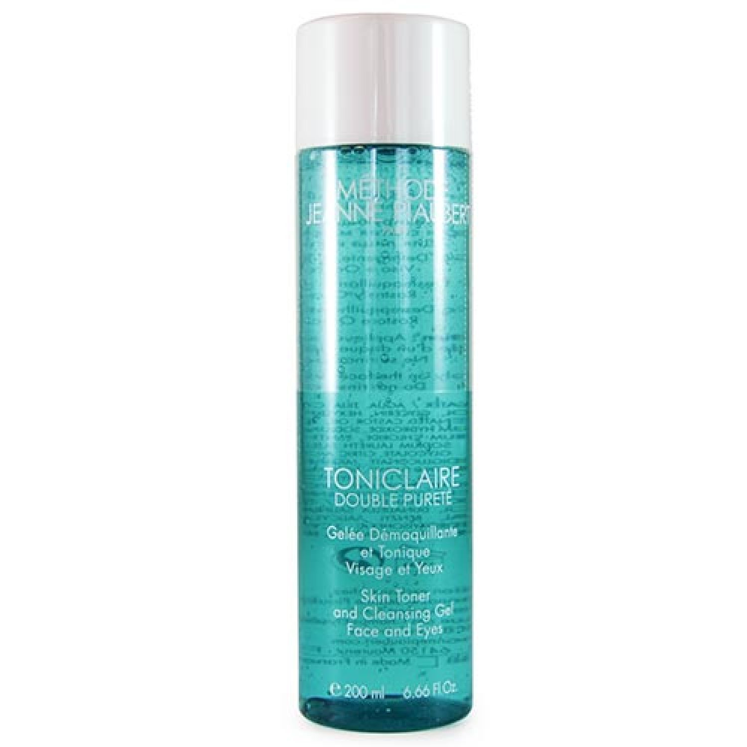 Zylindrische Flasche mit blauem Hintergrund. Aufschrift: Toniclaire Double Pureté, Gelee démaquillante et tonique, Visage et yeux. Marke: Jeanne Piaubert.