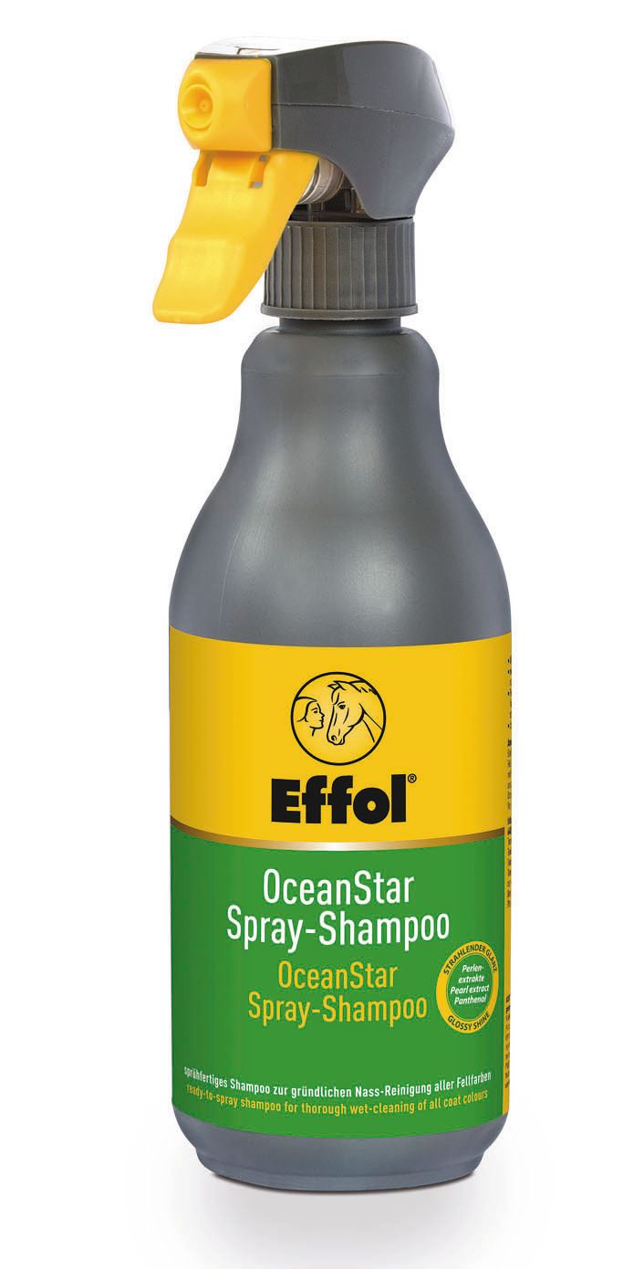 Effol Ocean Star Spray-Shampoo in einer grauen Sprühflasche mit gelbem Sprühkopf. Ein gelbes Etikett mit dem Effol-Logo und Produktnamen umgibt die Flasche. Darunter ein grünes Etikett mit weiteren Produktinformationen. Der Text 'ready-to-spray shampoo' ist ebenfalls sichtbar.