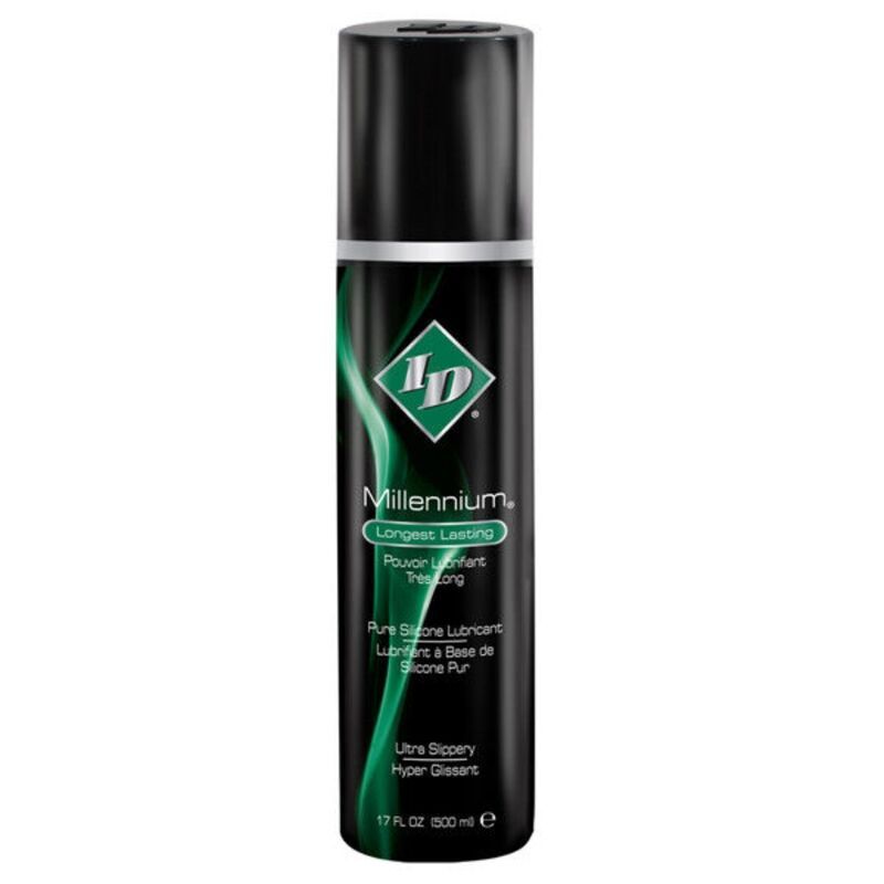 Zylindrische Flasche mit schwarzem Deckel. Grün-weißes Logo. Text: Millennium, Pure Silicone Lubricant.