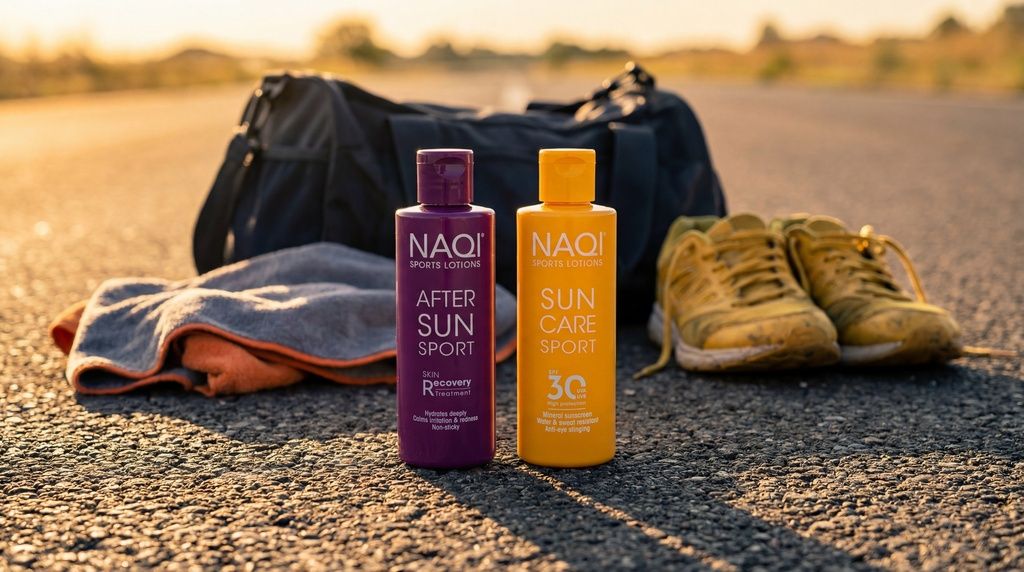 Zwei NAQI Sport-Lotion-Flaschen, eine für After Sun, eine für Sun Care, neben Sporttasche und Schuhen.