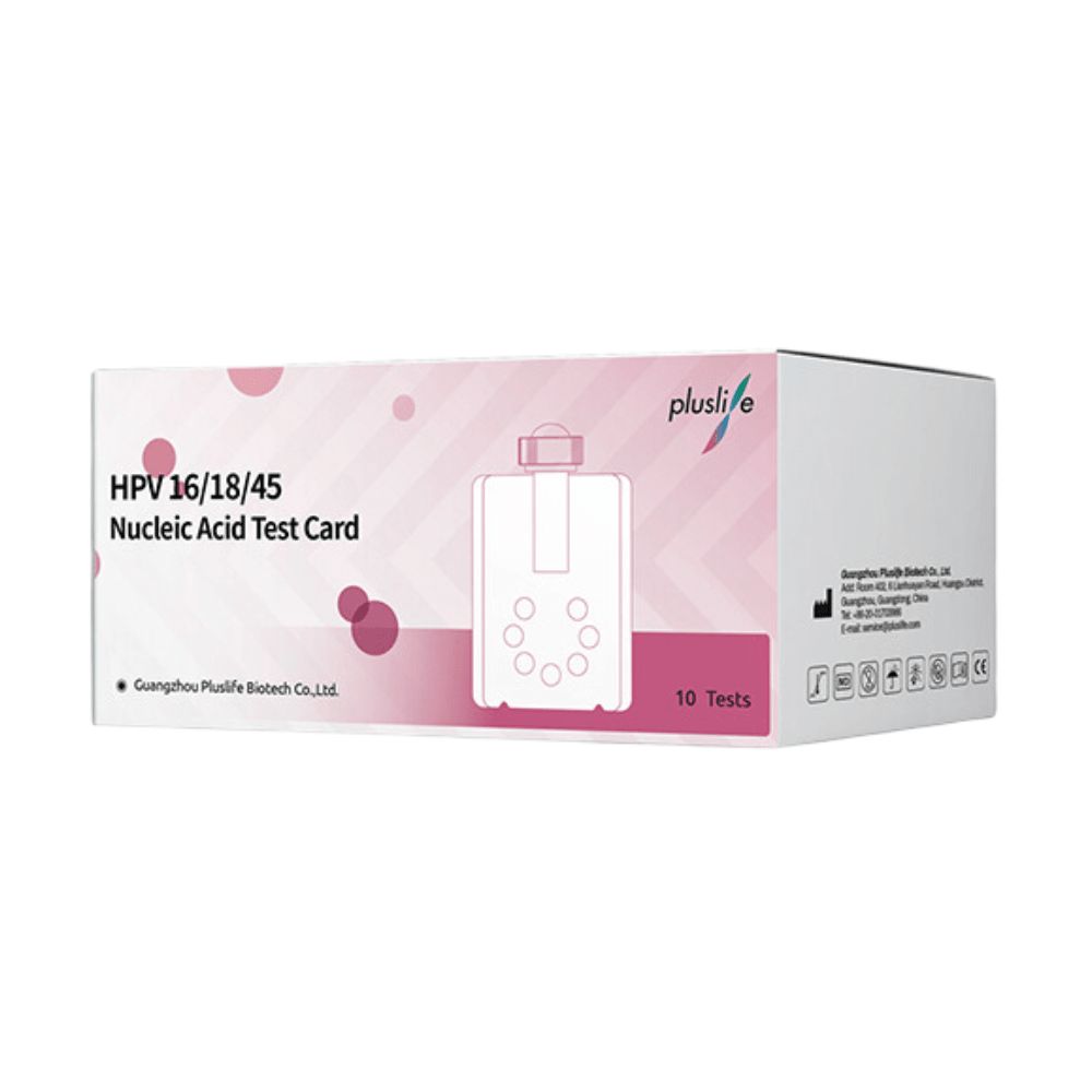 Verpackung von Pluslife HPV 16/18/45 PCR-Test. Rosa-weiße Schachtel mit Produktbezeichnung und Testkarte-Illustration. 10 Tests.