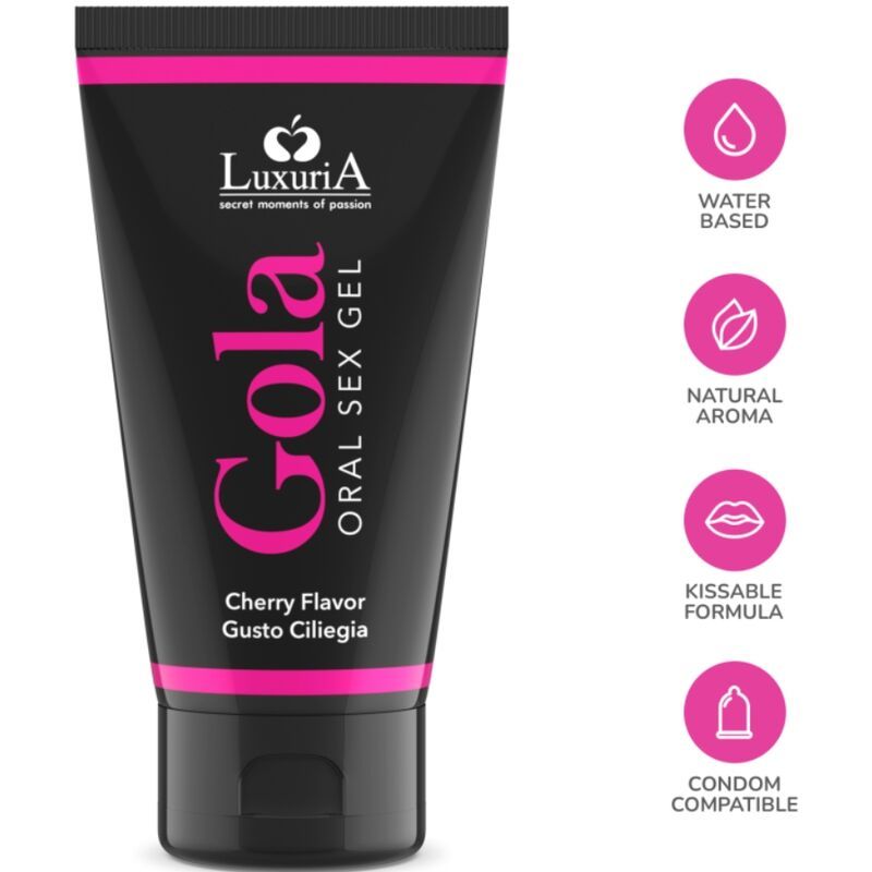 Schwarze Tube mit rosa Akzenten. Text: "Gola Oral Sex Gel", "Cherry Flavor". Icons: Wasserbasiert, Natürliches Aroma, Kissable Formula, Kondomkompatibel.