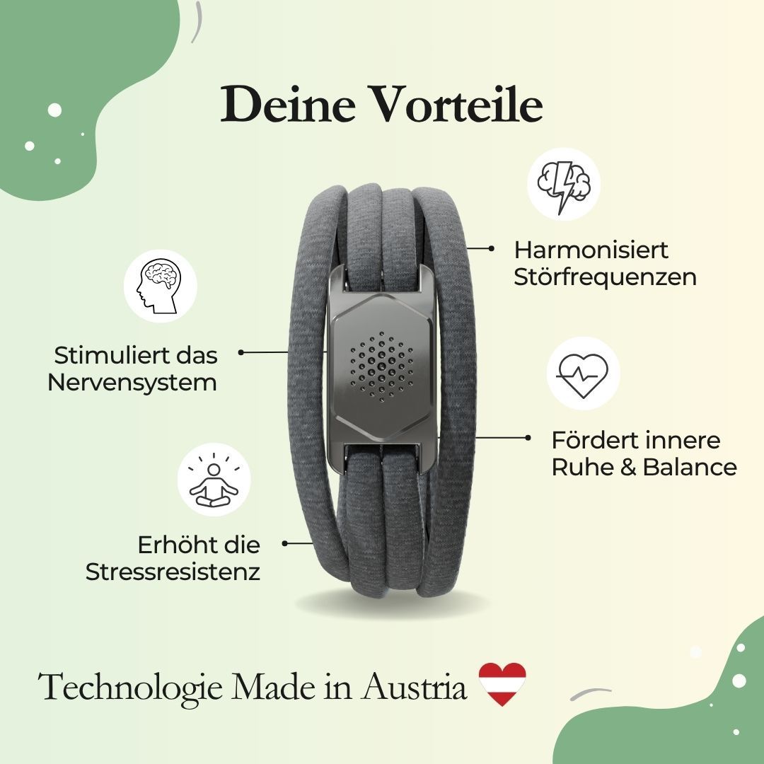 Graues Armband mit einem rechteckigen Element. Diagramm mit Vorteilen: Nervensystem, Stressresistenz, Ruhe, Störfrequenzen. Made in Austria.