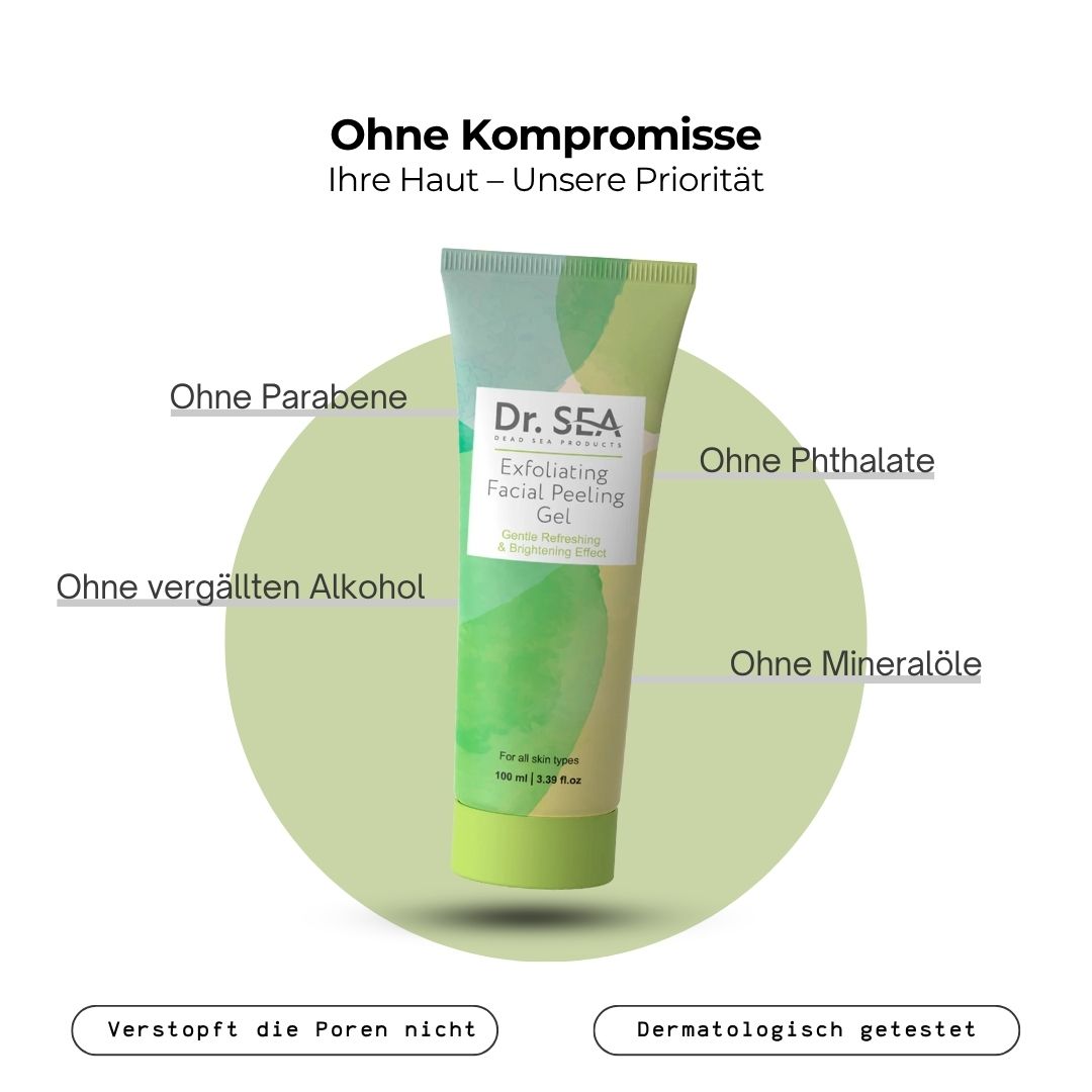 Gel-Tube mit Text. Aufschrift: Dr. SEA, Exfolierendes Peeling-Gel für das Gesicht. Ohne Parabene, etc.