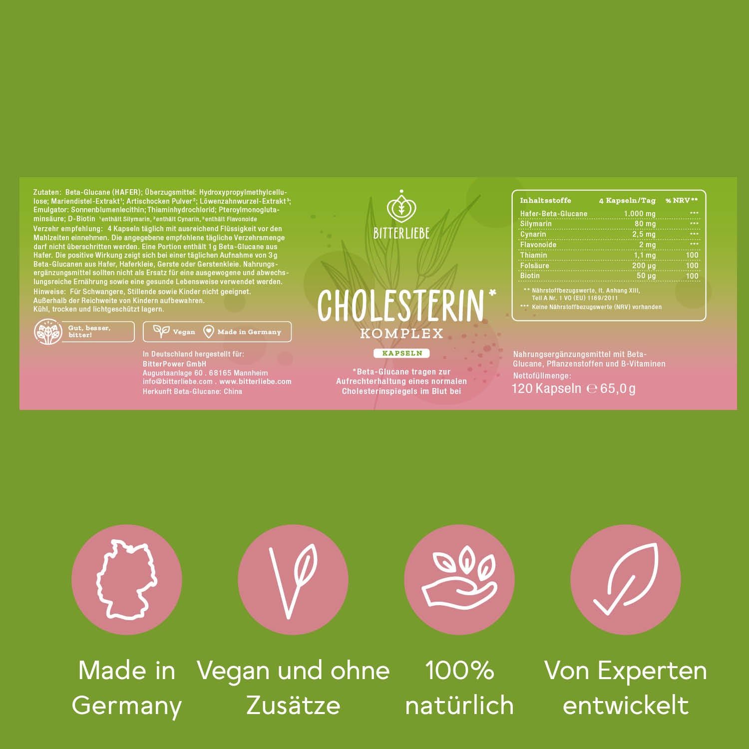 Verpackung von BitterLiebe Cholesterin Komplex Kapseln. Enthält 120 Kapseln. Made in Germany, vegan, ohne Zusätze, 100% natürlich, von Experten entwickelt.