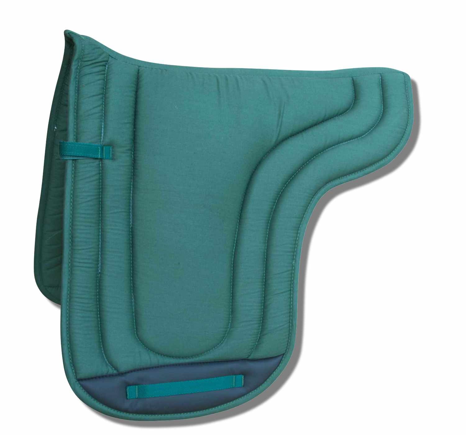 Grüne Satteldecke mit grauer Unterseite und Befestigungsschlaufen.