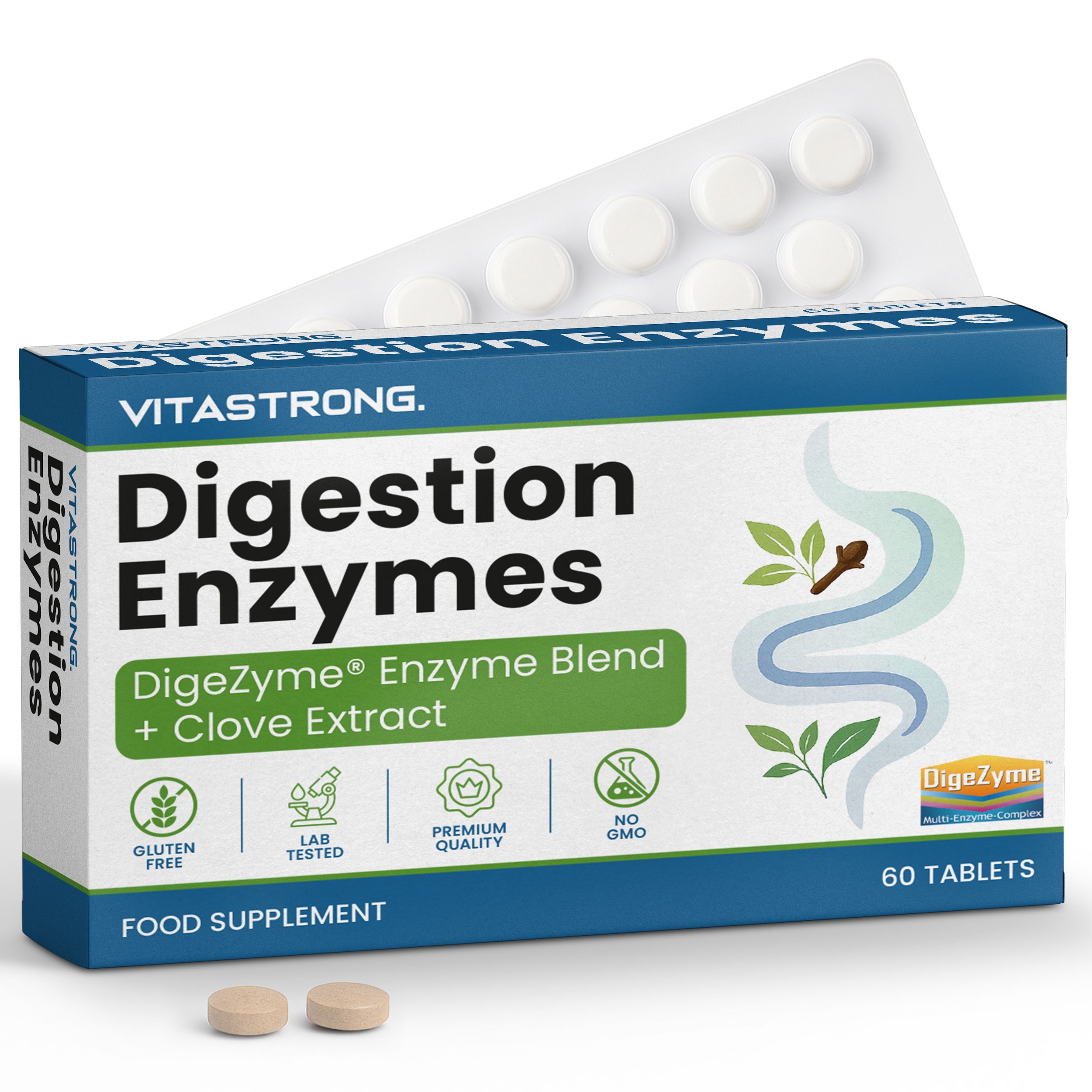 Vitastrong Digestion Enzymes. Blisterpack mit Tabletten und Produktverpackung. Enthält 60 Tabletten.