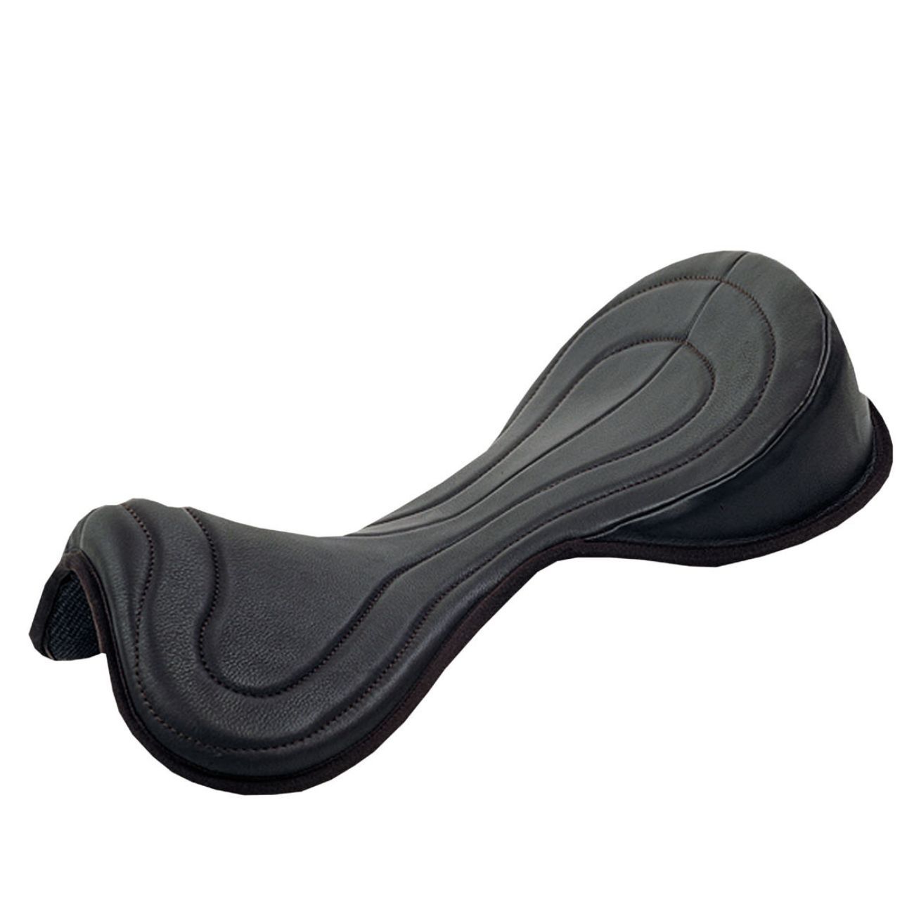 Schwarzer Sattelsitz, gepolstert, mit geschwungenem Design. Oberseite mit Steppnähten. Auf weißem Hintergrund.