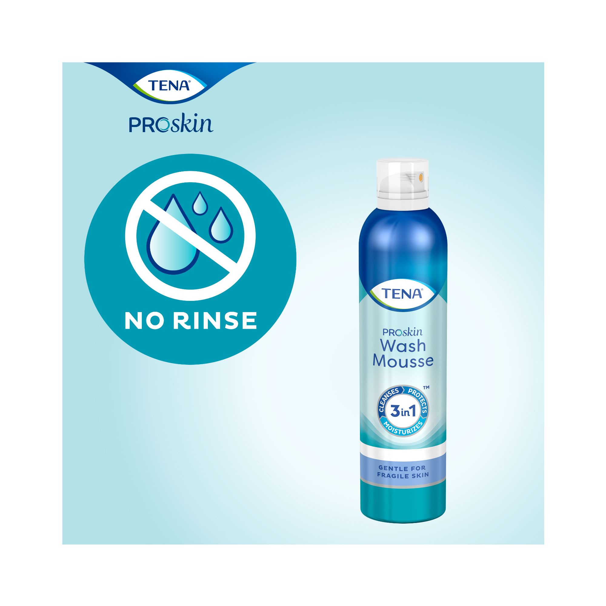 Blau-weiße Flasche TENA ProSkin Wash Mousse. Aufschrift: No Rinse, 3in1, Gentle for fragile skin.