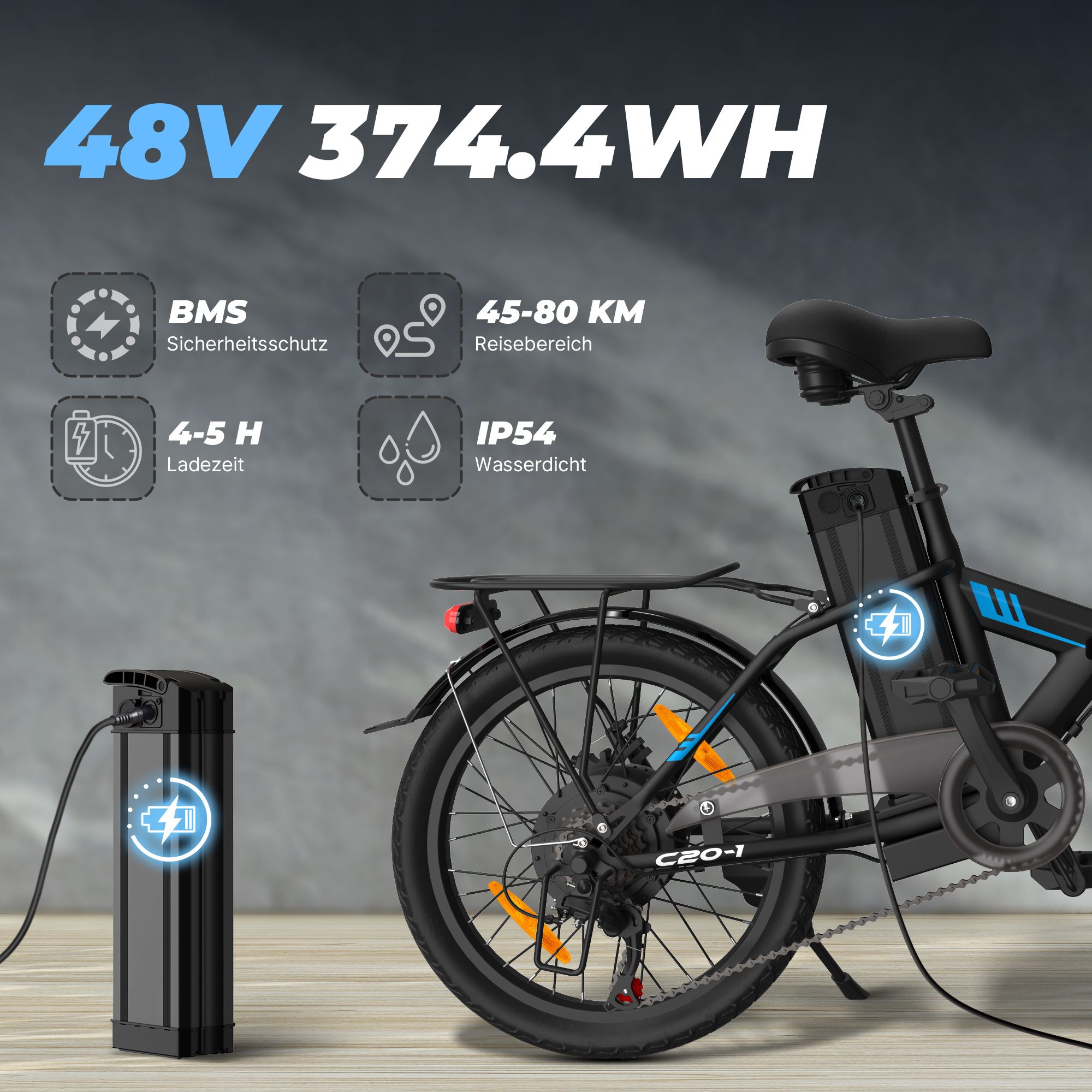 Faltbares E-Bike mit 48V-Batterie. Details: BMS, 45-80 km Reichweite, 4-5 h Ladezeit, IP54 wasserdicht. Akku wird geladen.