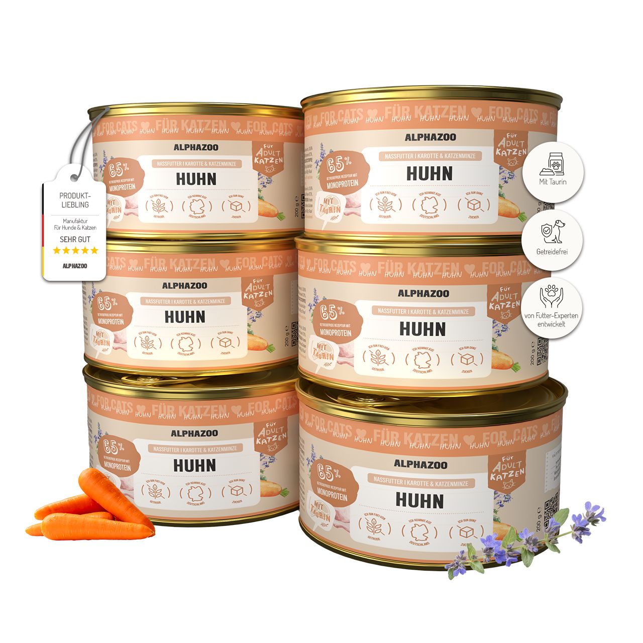 Mehrere Dosen alphazoo Huhn Nassfutter. Mit Karotten und Lavendel. Produkt-Liebling-Auszeichnung.