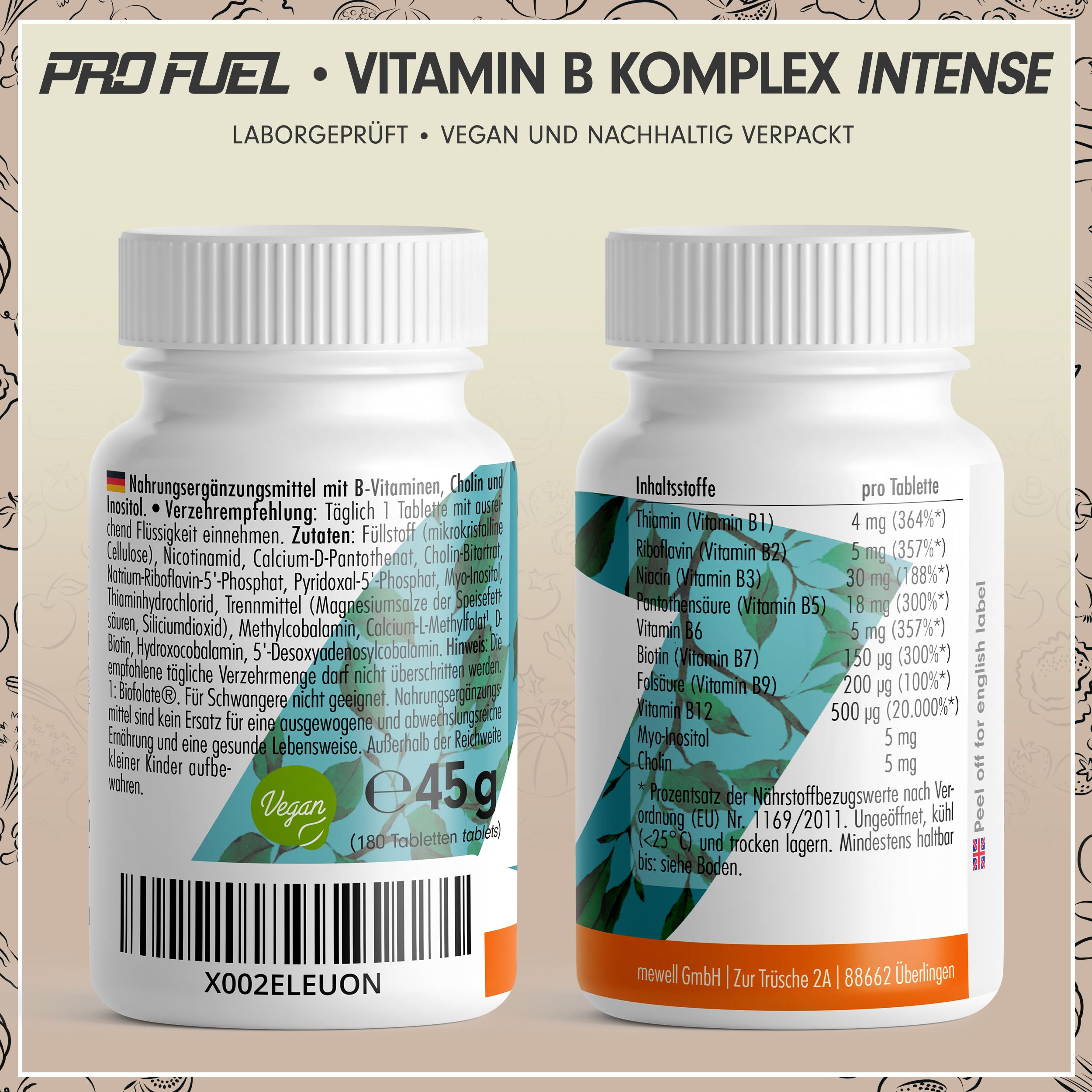 Flasche Vitamin B Komplex Intense. Rückseite mit Nährwertangaben und Inhaltsstoffen. Vegan-Siegel. 45g. 180 Tabletten.