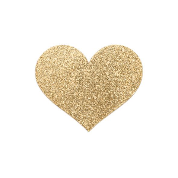 Goldfarbener, herzförmiger Nippelcover mit Glitzer. Einzelstück, freigestellt auf weißem Hintergrund.