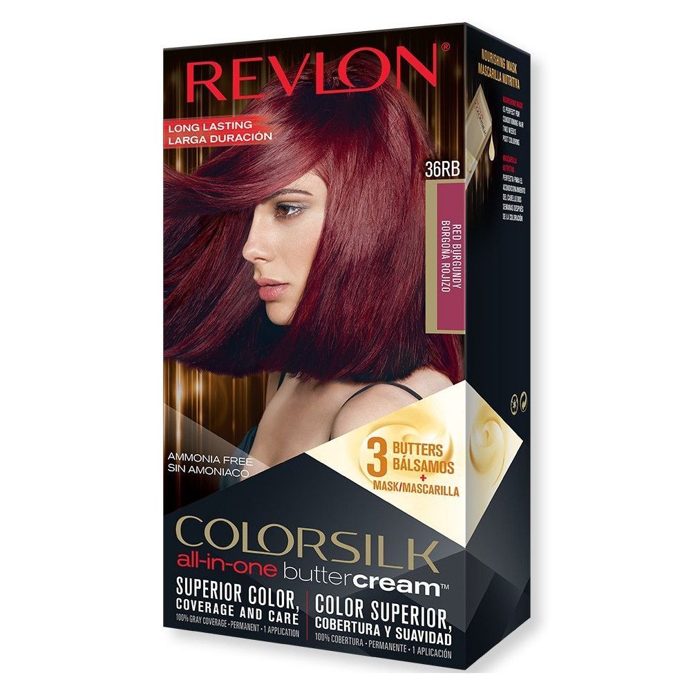 Verpackung von Revlon Colorsilk Haarfarbe. Enthält 3 Butter und Balsam. Farbe: Red Burgundy. Aufdruck: Ammonia Free.