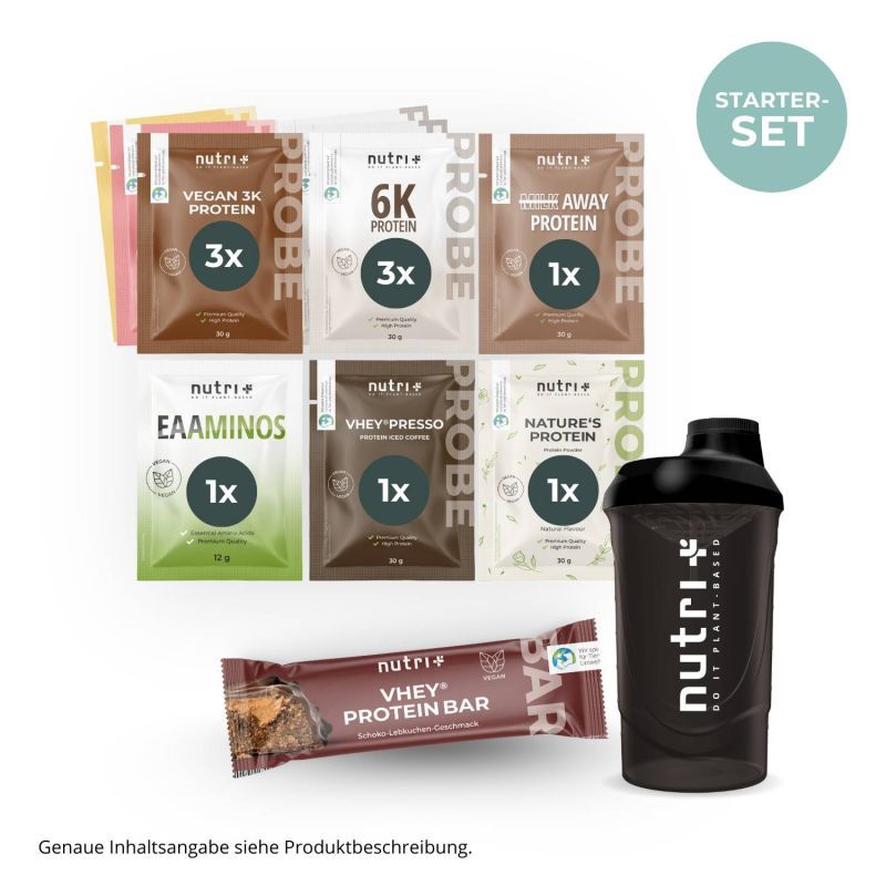 Starter-Set mit Protein-Proben, Riegel und Shaker. Proben mit Aufdrucken. Schwarzer Shaker mit Logo. Brauner Proteinriegel.
