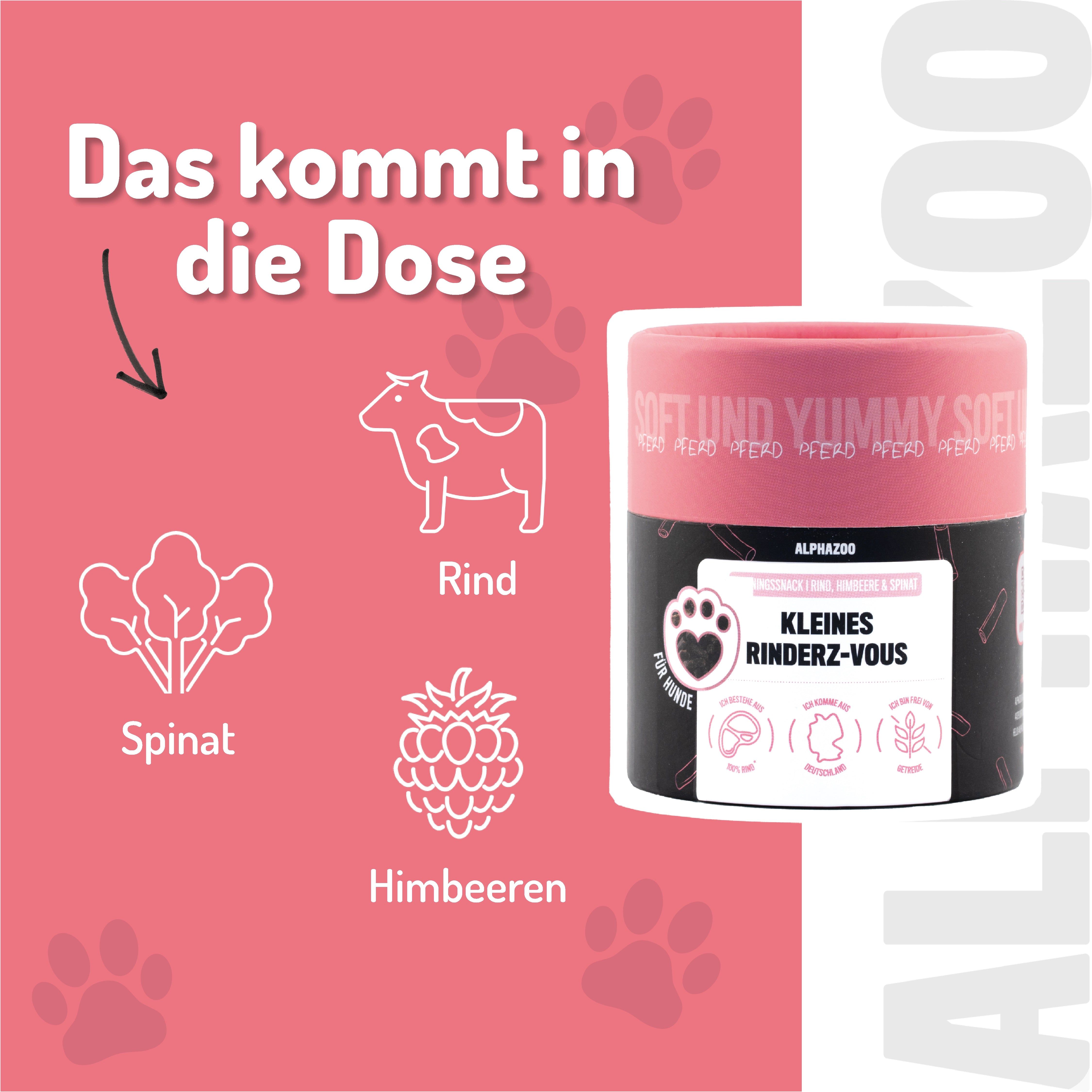 Rosa Hintergrund mit Illustrationen von Spinat, Himbeeren und einer Kuh. Produktverpackung mit Produktnamen.