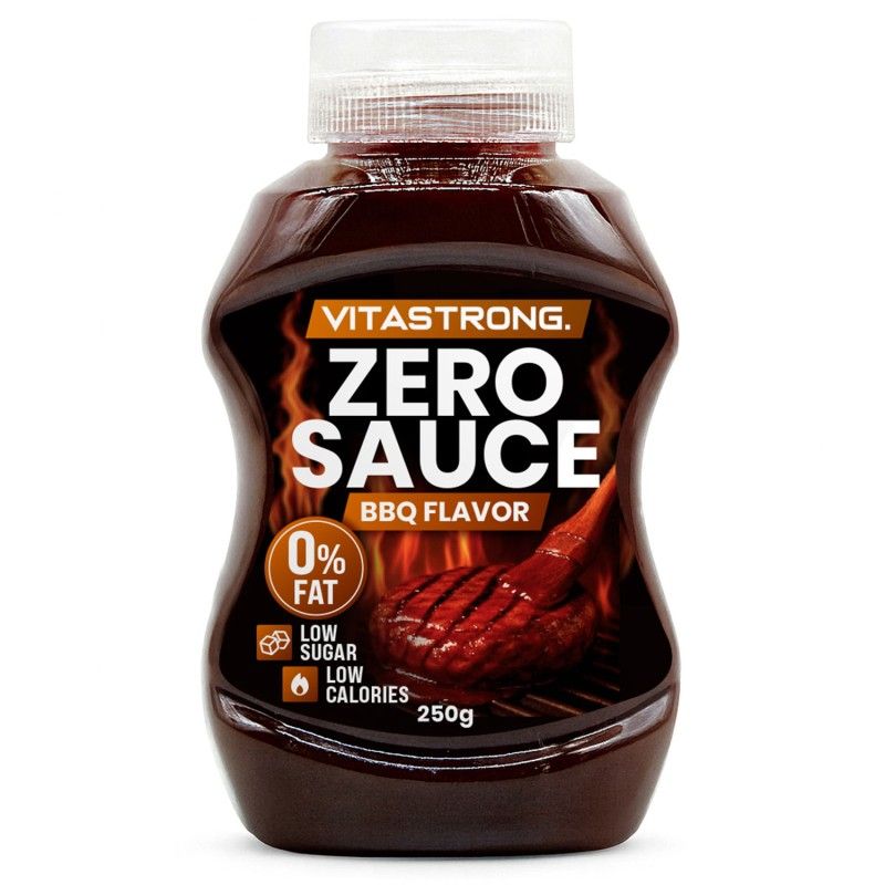 Braune Flasche mit weißem Deckel. Aufschrift: Vitastrong Zero Sauce BBQ Flavor. 0% Fett, Low Sugar, Low Calories. 250g.